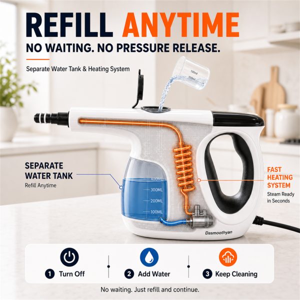 03-continuous-refill-handheld-steam-cleaner-separate-water-tank Handheld Steam Cleaner, 3 Sec Heat-Up, Quick Refill