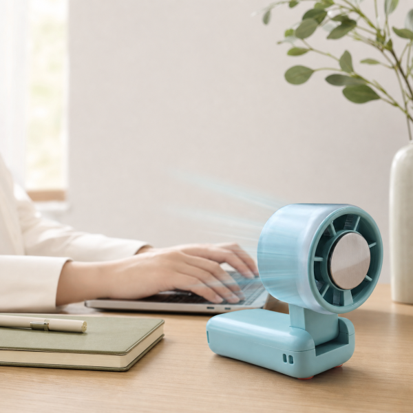 05-yoliton-foldable-desk-fan-office Folded Yoliton desk fan cooling a workspace beside a laptop