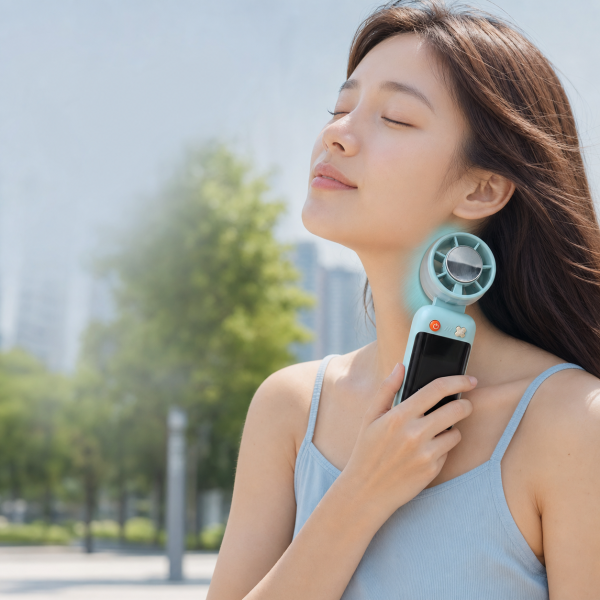 07-yoliton-handheld-fan-cooling-plate-neck Woman applying the Yoliton handheld fan cooling plate to her neck outdoors
