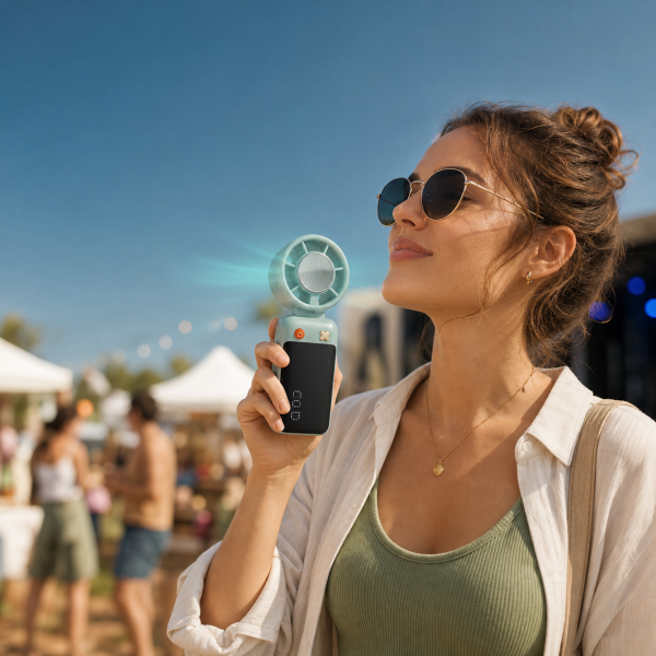 08-yoliton-portable-handheld-fan-outdoor Woman using a Yoliton portable handheld fan at an outdoor summer event