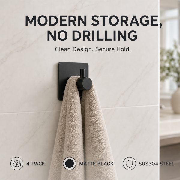 2 Matte Black Adhesive Hooks 4 Pack