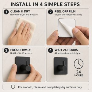 6 Matte Black Adhesive Hooks 4 Pack